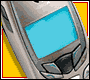 Animated sequence showing a silver mobile phone with blue screen displaying Spanish text and a sheep icon, transitioning through multiple states including text input and animation.