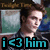 A pixelated image of a person in a gray jacket over a white shirt with text "i <3 him" overlaid, showing two distinct facial expressions.
