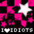 Pixelated icon with pink and black checkered background, white star, smaller pink stars, and text reading "I ❤️ IDIOTS" at bottom.