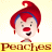 Pixelated cartoon character with red hair and clown nose on yellow background, featuring text "Peaches" at bottom.