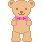 Pixelated teddy bear with pink bow tie in multiple poses including standing, pointing, and side views on gray background.