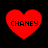 Four red heart shapes with black text "CHANEY" on a black background, arranged in two of two