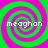 Four identical spiral patterns in green and pink with the text 'meaghan' overlaid in white pixelated font on each spiral.