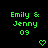 Green pixelated text on black background reads "Emily & Jenny 09" with two green heart icons below.