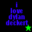 Pixelated text 'i love dylan deckert' in blue on black and green backgrounds with star symbols, one green and one black.