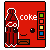 Red background with pixelated Coca-Cola bottle character, white 'coke' text left of the bottle, and vertical color buttons on the right.