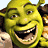 Animated contact sheet of Shrek character in six frames showing facial expressions and mouth positions against a blue-and-green striped background.