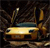 A pixelated vehicle with a golden body, dark windows, and a blue-tinted windshield against a dark background.