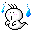 Pixelated white ghost-like figure with black outline, pink cheeks, and blue water droplets in various poses against gray background.