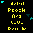 Yellow text reading "Weird People Are COOL" repeats in a pattern on black background with scattered cyan and dark blue stars