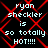 Pixelated text on black background with red X-pattern overlay, repeating 'ryan sheckler is so totally HOT!!!!' in light blue and white.