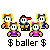 Pixel art of five cartoon figures with white faces and yellow hair, wearing colorful clothing, positioned above pixelated text reading '$ baller $' on a gray background.