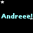 Animated text repeats 'Andreee!' in cyan against black with scattered white and gray stars, showing partial cropping in later frames.