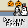 Animated contact sheet of 25 Halloween-themed buddy icons featuring ghost characters, pumpkins, and costume party text with varying expressions and props across frames.