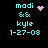 Pixelated cyan text displays 'modi', '&amp;', 'kyle', and '1-27-08' on black background with pink heart or starburst symbols.