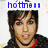 Pixelated portrait of a person with dark hair and red collar, overlaid with blue text reading 'hotness' above the head.