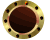 Circular golden ring with dark brown center and black dots, small orange and yellow pixel accents on ring edge.