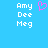Pixelated blue background with white text 'Amy Dee Meg' on left and right, pink heart symbol between them.