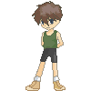 Pixel art character in green tank top and black shorts with brown hair, shown in multiple poses including standing with hands on hips and holding a black object.