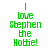 Green pixelated text "I love Stephen the Hottie!" on white background with shifting pink rectangular overlays.
