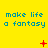 Yellow background with blue text "make life a fantasy" repeated across three , red symbols changing in each 's center