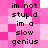 Pixelated text on a pink and white checkered background with black lettering reading "im not stupid im a slow genius" repeated in two