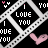 A repeating pattern of diamond-shaped with alternating text and symbols on a black background