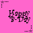 Pixelated 'Happy B-Day' text on pink background with star and dot patterns in corners.
