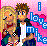 Pixelated cartoon-style buddy icon featuring two characters against a pink gradient background with blue text reading "love me" and a heart symbol.