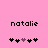 Pink background with black text 'natalie' and five heart symbols below, where the third heart shifts from purple to black between
