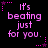 Pixelated pink text on black background with star-shaped borders, repeating 'It's beating just for you.' in a