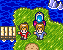 Pixel art scene with two characters on grassy terrain, blue water background, and a glowing object above one character.