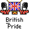 A static contact sheet showing two identical frames of a pixel art icon featuring British guards holding the Union Jack flag with "British Pride" text below, alongside red "badass buddy .com" branding on the right.