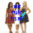 Three women in formal dresses with text overlays changing across frames, showing a sequence of expressions and text.