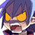 Pixelated anime-style character icon with purple hair, yellow eyes, and open mouth showing teeth and tongue, wearing dark clothing with red accents.