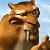 Pixelated brown animal with large teeth and closed eyes against a light blue background.