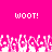 Pixelated pink background with white text 'WOOT!' repeated twice above a of white pixelated shapes resembling hands or flowers