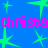 Blue background with green starbursts and pink text reading 'chri stachri sta' repeated twice, partially obscured by a gray rectangle.