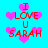 Pixelated red text "I LOVE U SARAH" surrounded by pink hearts on a cyan background, with visible animation changes in heart positions.