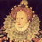 Pixelated portrait of a person with light skin, reddish-brown hair styled upward, wearing a large ruffled collar and dark clothing against a dark background.