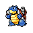 A 3x3 contact sheet of pixel art frames showing a blue turtle-like Pokémon character with yellow shell segments, red eyes, and brown straps across its back in various poses holding different objects.