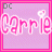 Pixelated pink and white text 'Carrie' with heart accents on a light purple background, framed by bright pink borders.