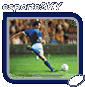 Three identical soccer player images in blue and white uniform kicking a ball on green field with blurred crowd background, each framed by dark blue border with small plus symbol.