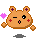 A 4-frame pixel art contact sheet of a cartoon hamster-like character with orange fur, purple ear crosses, red cheek marks, and pink sparkles in various poses and expressions against a gray background.