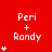 Red background with white text 'Peri + Randy' and varying numbers of small white stars below each instance.