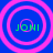 Four identical circular icons with pink concentric rings on a blue background, each containing green text reading JONI.