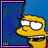 Yellow cartoon character with wide eyes and a slight smile, blue background with diagonal stripes, pink border, text labels below the character.