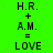 Green background with repeated text 'H.R. + A.M. = LOVE' in black pixelated font, scattered pink dots, and a gray rectangle at bottom right.