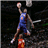 Pixelated image of two basketball players mid-action, one in blue jersey jumping to shoot with ball above head, the other in red jersey defending below.