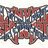 Pixelated static image of stylized text with red, blue, and white colors on a light background.